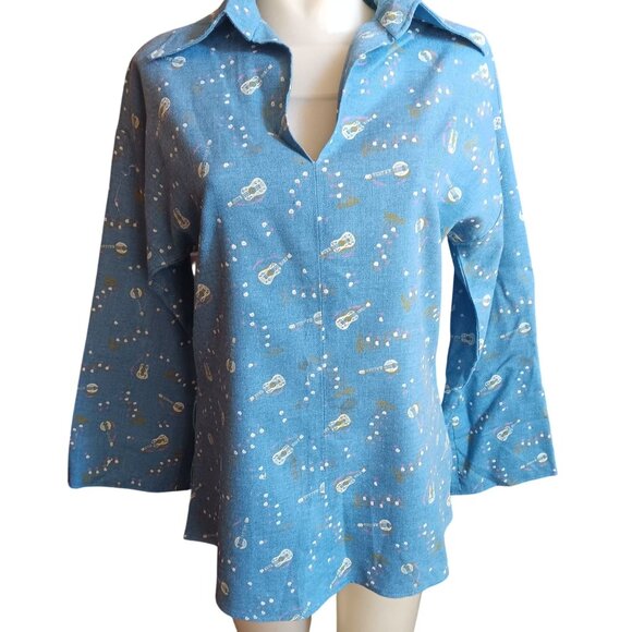 Vintage Medium Handmade Peasant Blouse Guitar Country Print Musical Print 1OF1 - Picture 1 of 6